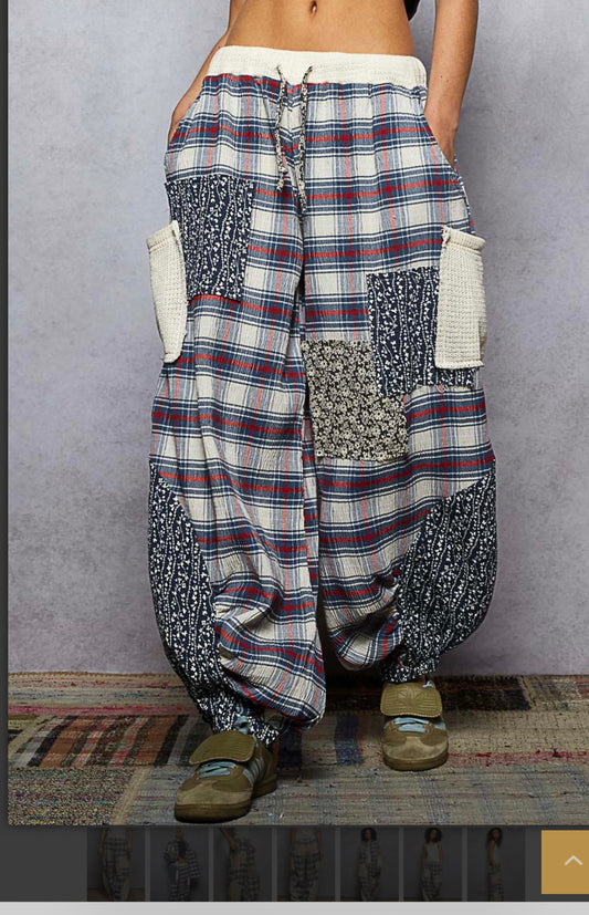 Blue Plaid Patch Joggers Pol