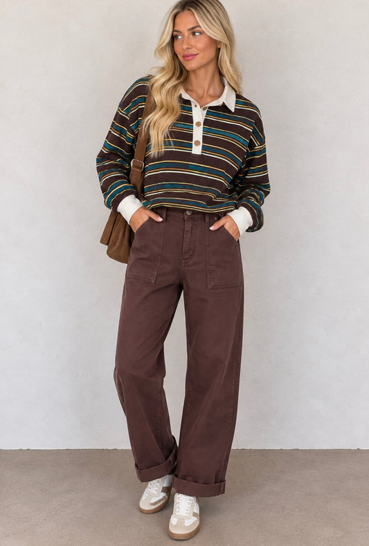 Risen PGA21344 Chocolate Brown High Rise Ankle Cuffed Barrel Pants Stretchy