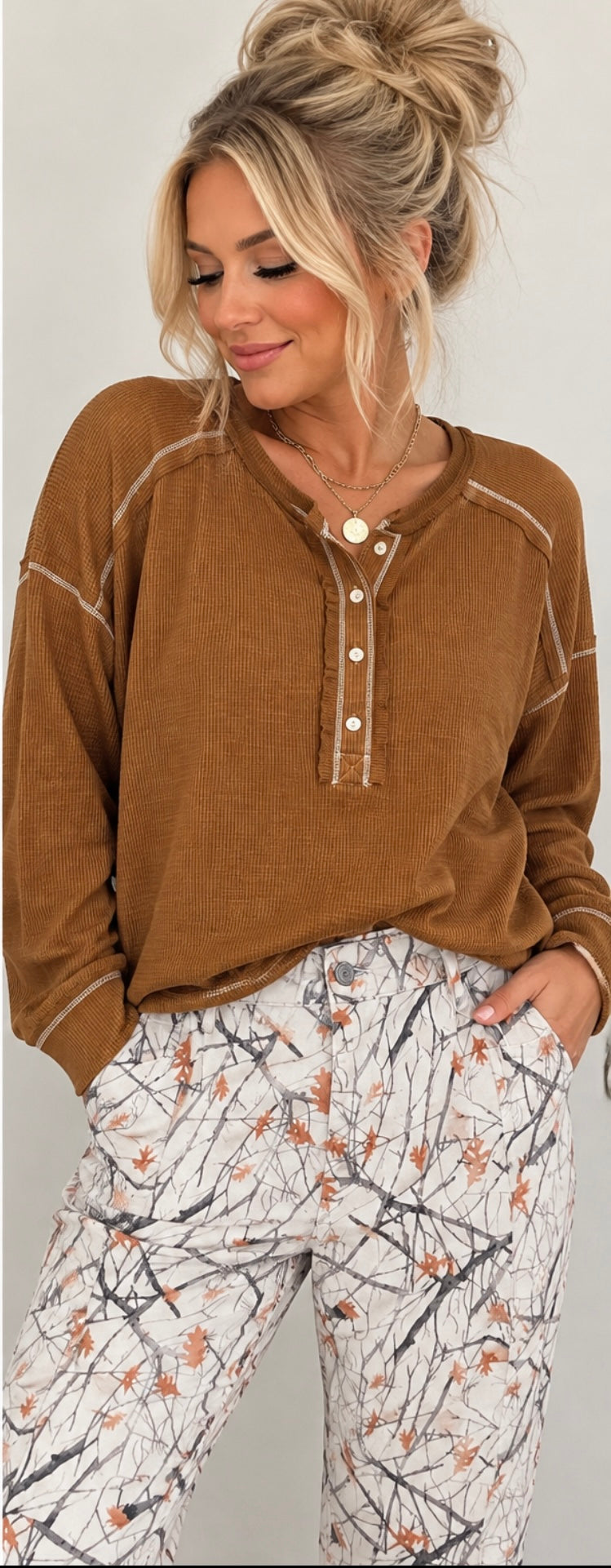 Annie Wear Burnt Camel Washed Effect Rib Jersey Oversize Henley Tee