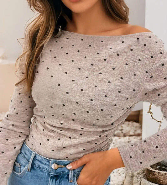 Polka Dot Boat Neck Knit Long Sleeve T Shirt