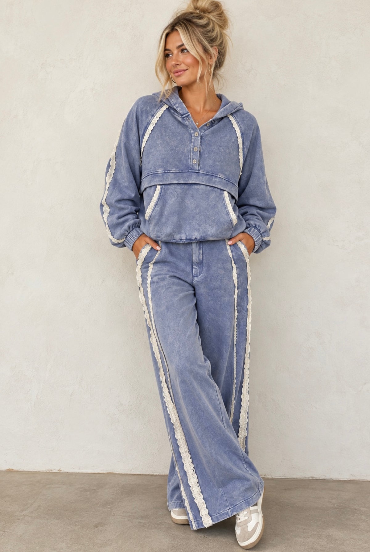Pol Clothing Evening Blue With Tie At Waist Straight Leg Pants