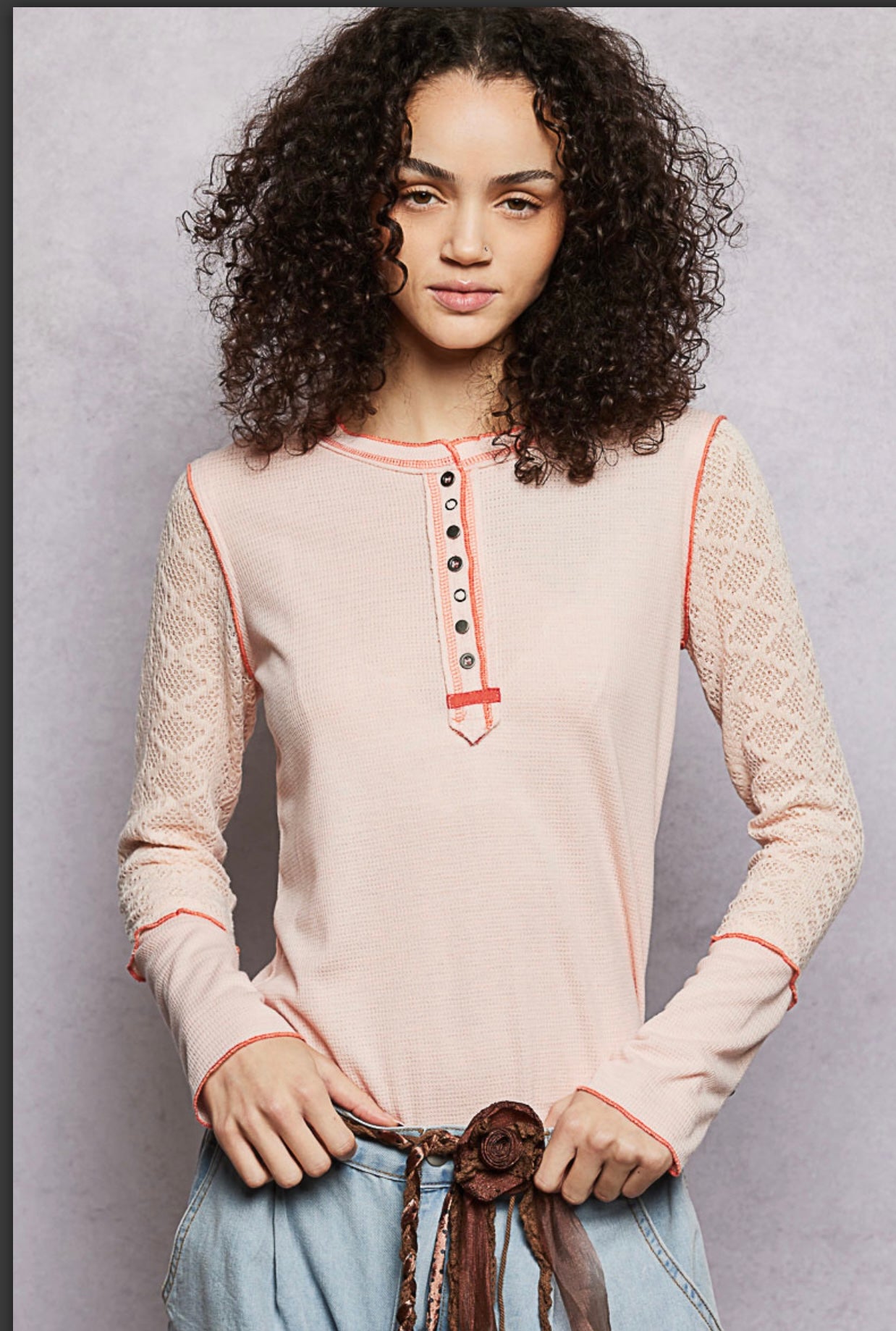 Rosewater Pink Lace Henley Button Top Pol