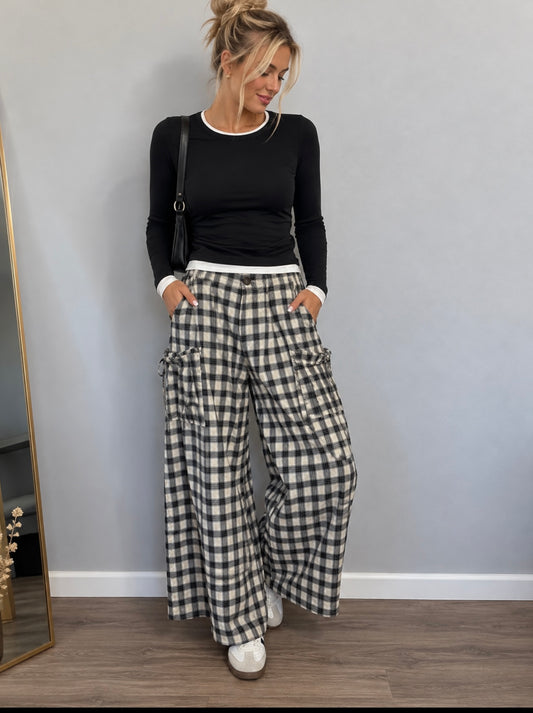 Black Plaid Wide Leg Pants