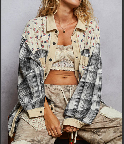 Natural Multi Color  Plaid Button Up Top Pol