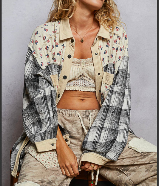 Natural Multi Color  Plaid Button Up Top Pol