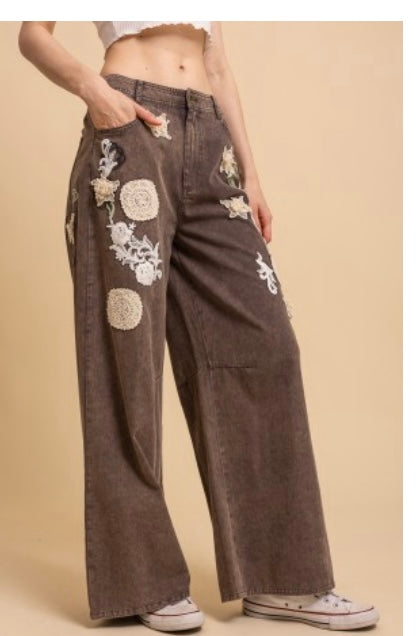 Charlie Charcoal Flower Crochet Pants Bluevelvet
