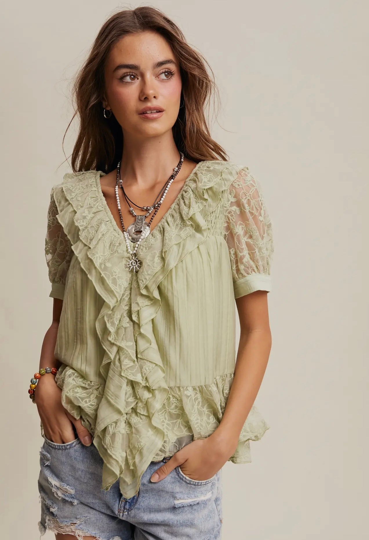Pistachio Sheer Lace Top