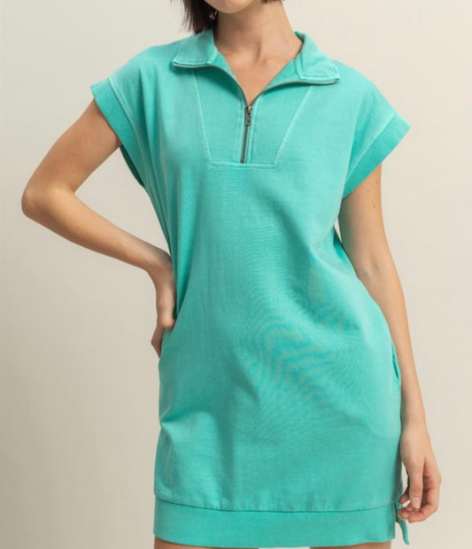 Turquoise MockHalf Zipper T-Shirt Dress