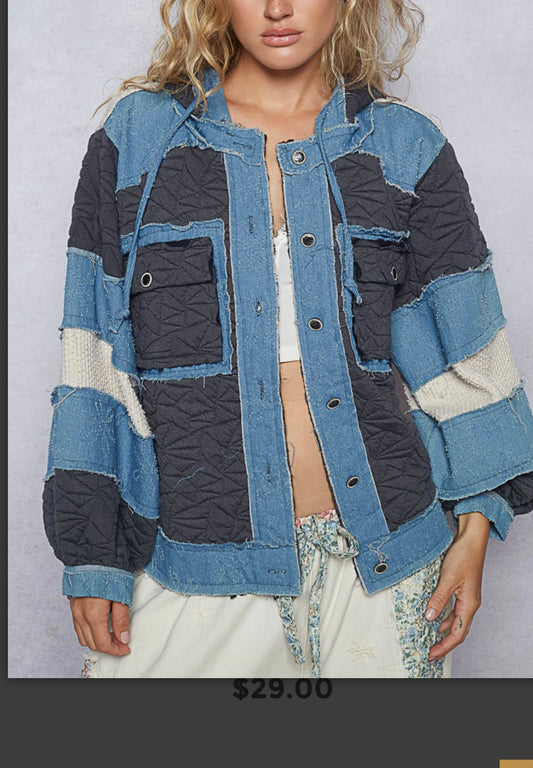 Blue Jean and Black Quilt Jacket with Hoodie POL