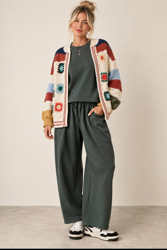Handmade Patchwork Striped Chenille Sweater Open Cardigan