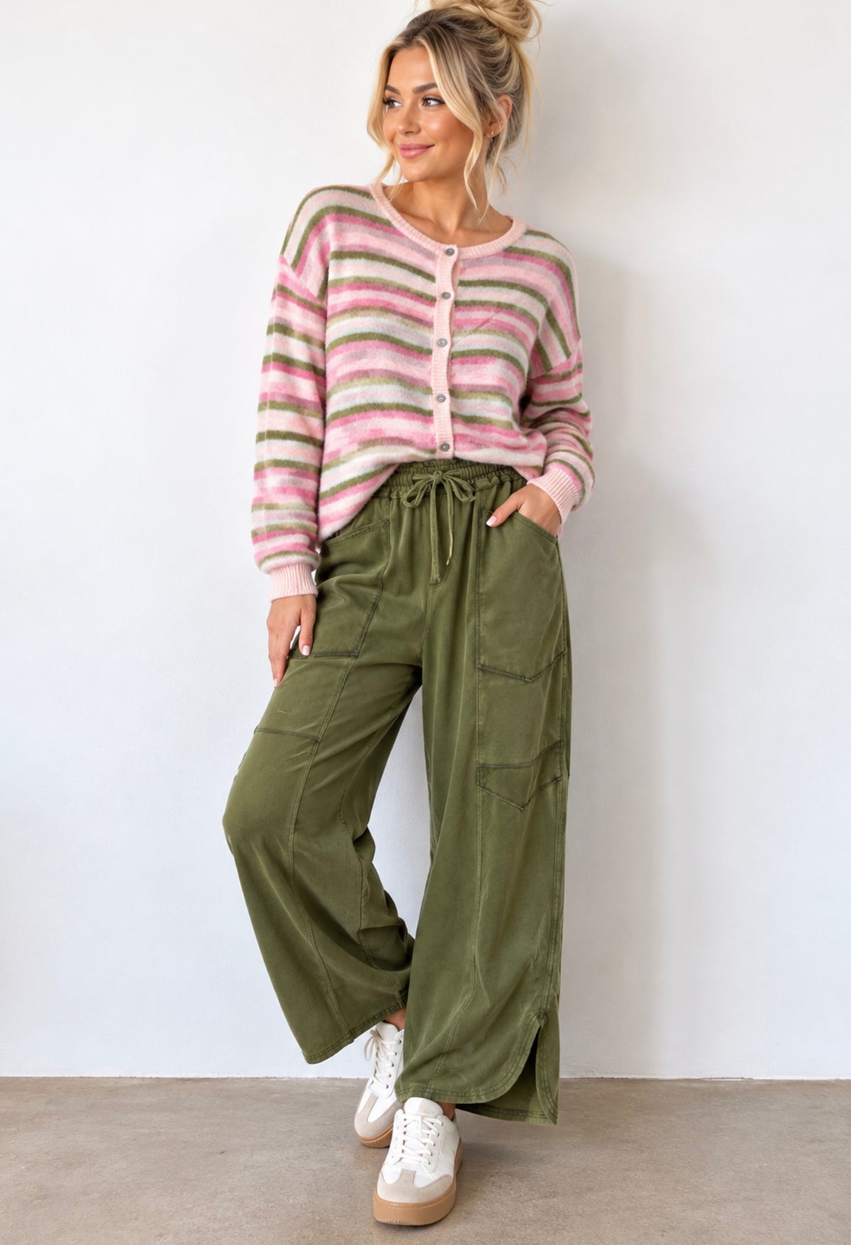 Lelis Multi Stripe Crew Neck Button Cardigan Sweater