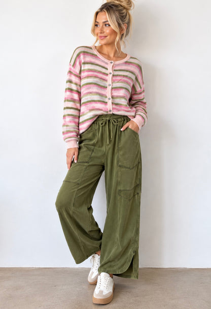 Lelis Multi Stripe Crew Neck Button Cardigan Sweater