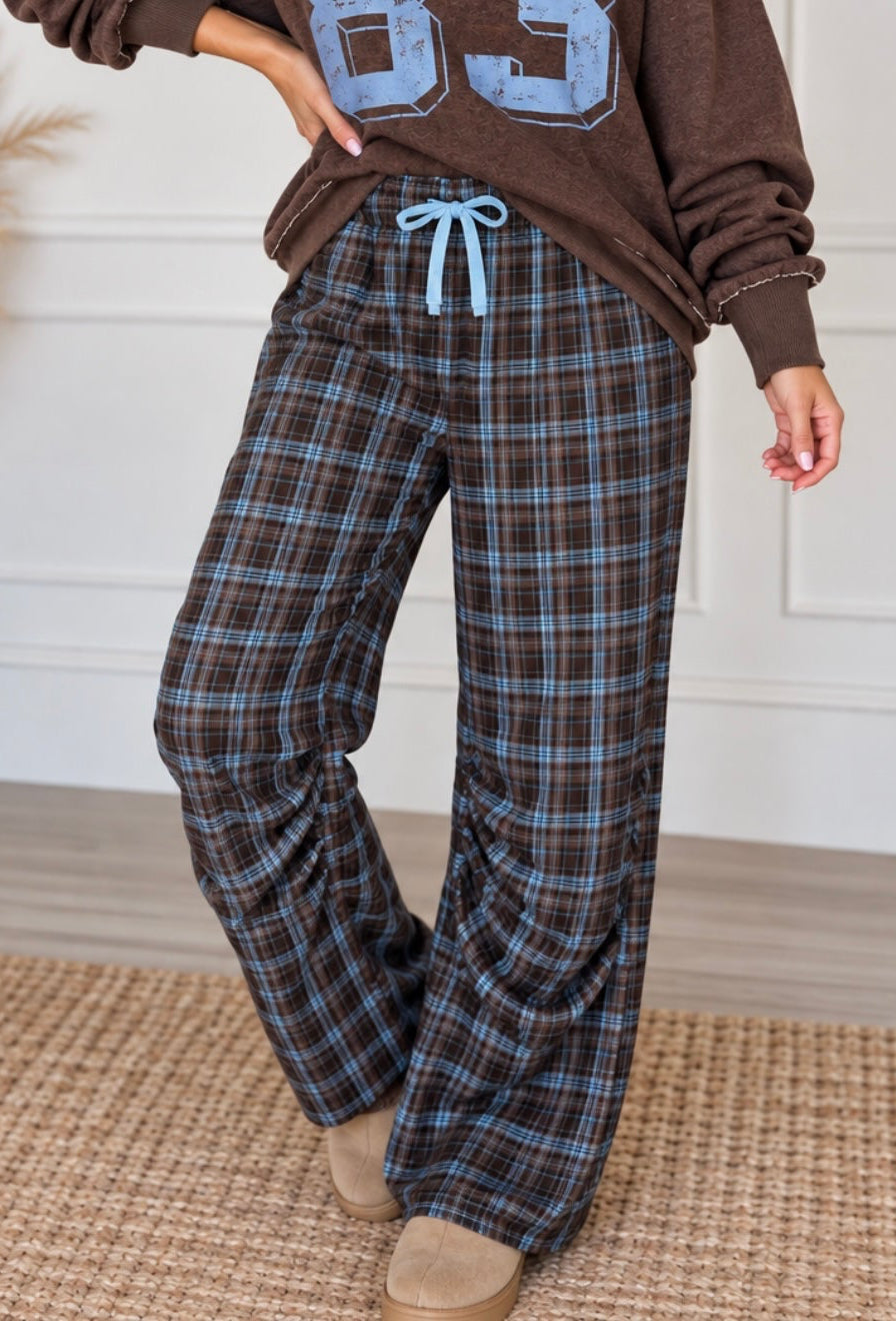 PLAID GATHERED DETAIL WIDE LEG PANTS Mittoshop