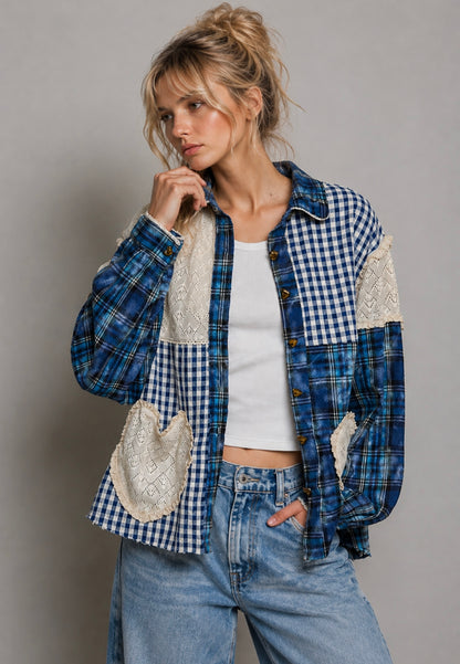 Plaid Patchwork Heart Patch Heart button Lace Trim Shirt Top