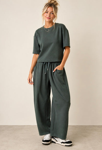 CLOUD KNIT DRAWSTRING WAIST BARREL LEG PANTS