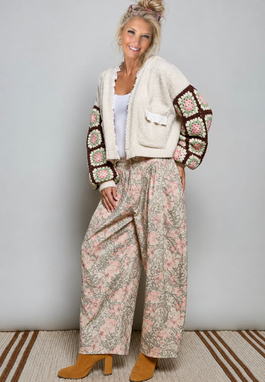 Granny Square Crochet Sleeve Berber Knit Hooded Cardigan