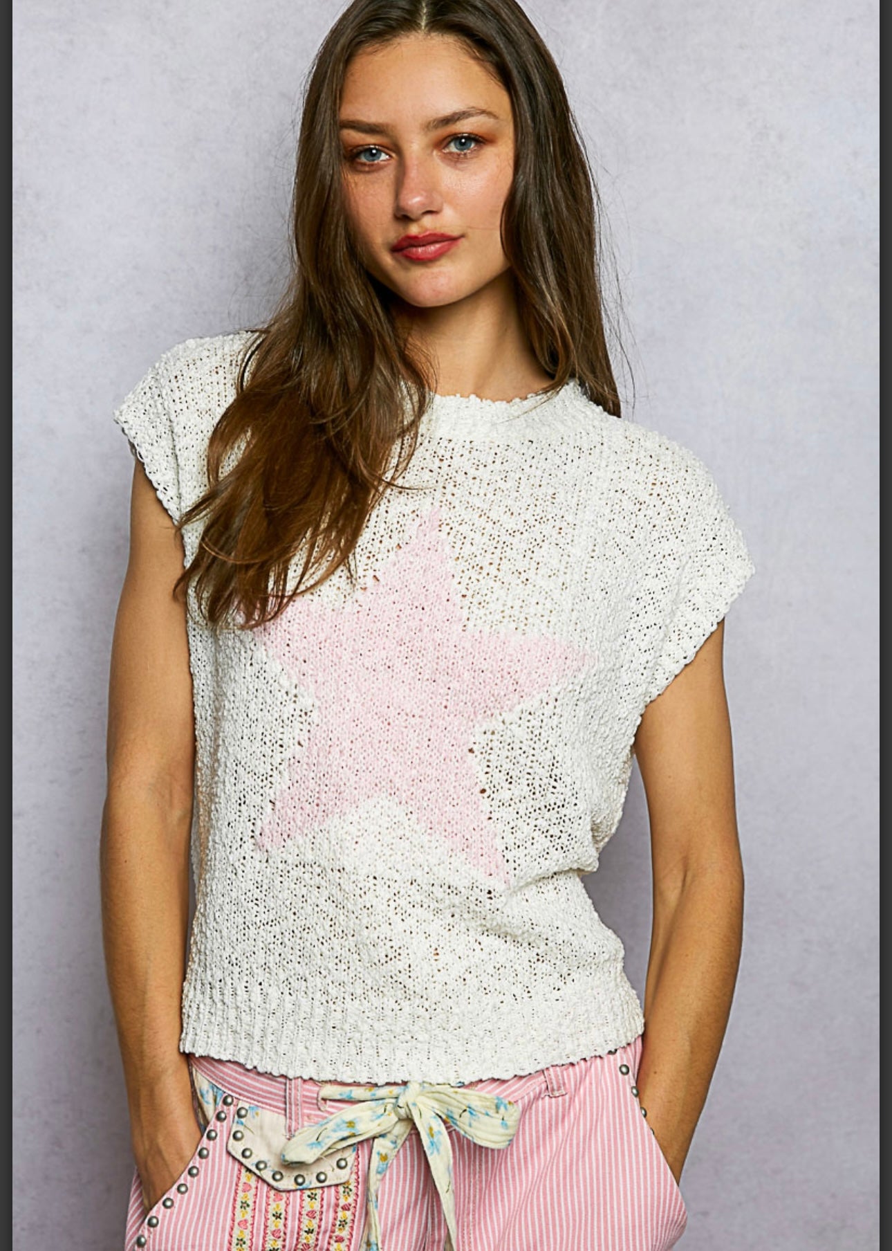 Popcorn Sweater Rib Band Star Print Sleeveless Top