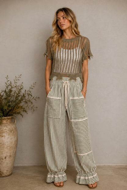 Lace Accents Stripped  Jogger Pants