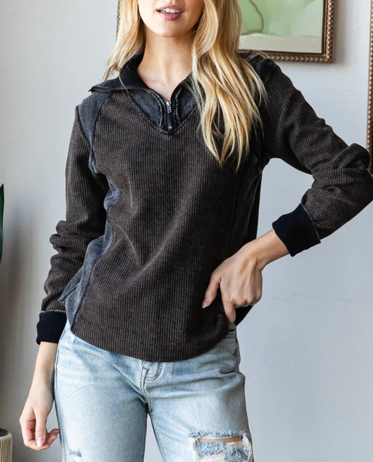 Charcoal and Blue Mineral Wash Half Zipper Oli and Hali Top