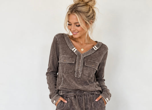 Pol Clothing  Cocoa Long Sleeve V Neck Button Accent