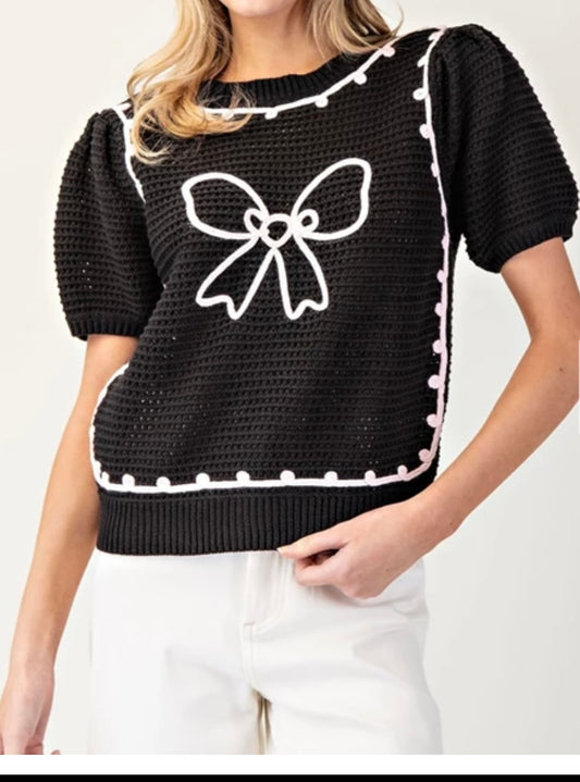 Black Pink Bow Crochet Top
