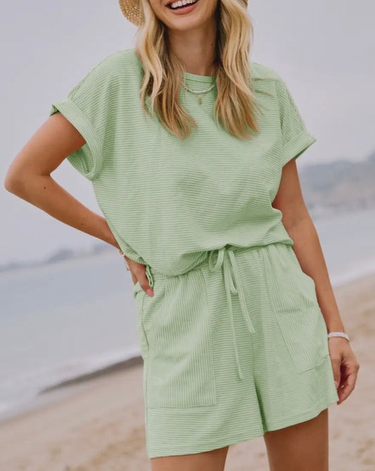 Green Apple Stripe Terry Short Set