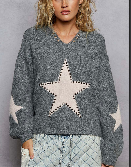 Heather Grey Pink Star Hoodie Pol