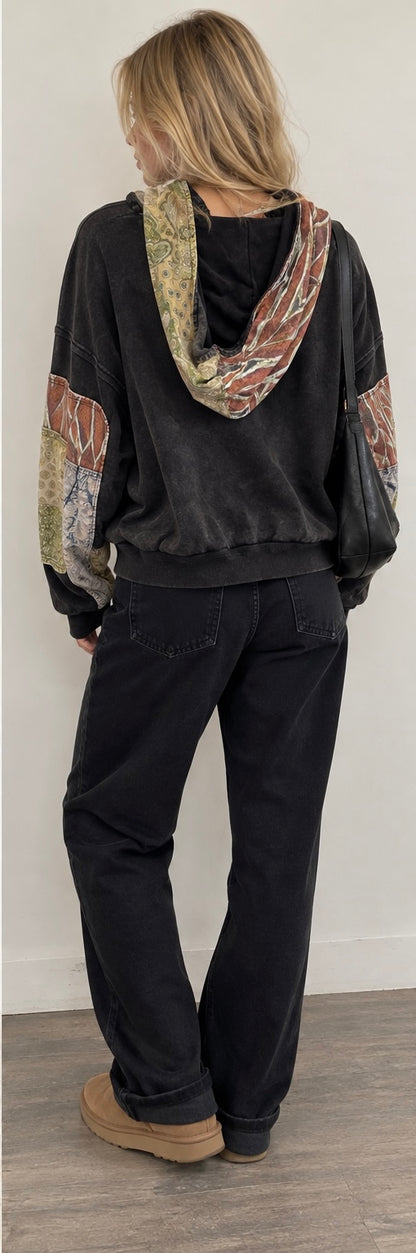 Oil & Hali Black Pieced French Terry Hoodie With Print Flat String