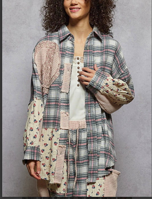 Pink Plaid Floral Patch Oversized Top Pol