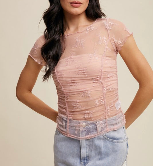 Pink Short Sleeve Mesh Top