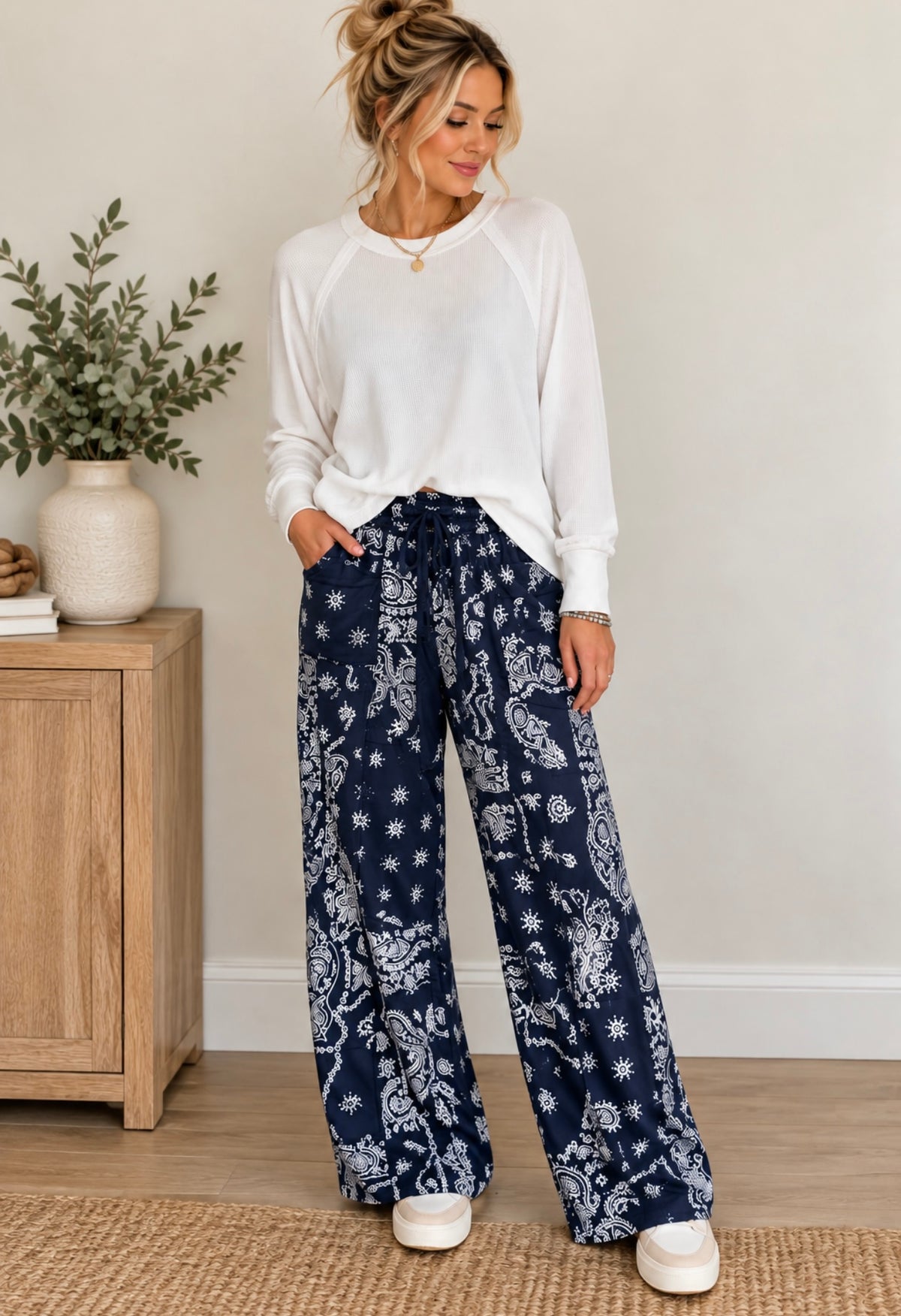 Annie Wear Navy Bandanna Printed Barrel Fit Utility Knit Pants ￼