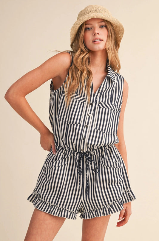 Navy Blue Striped sleeveless romper with Snaps