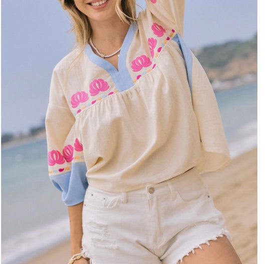 Ivory Cream Sea Shell with Pink and Blue Top