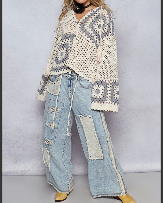 Cream Granny Patch Chenille Sweater Pol