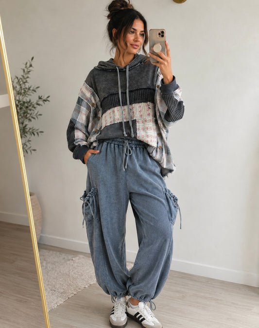 Blue Washed Patchwork Hoodie Top
