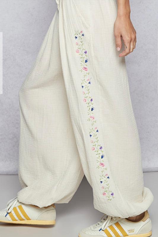 Natural Gauze Floral Joggers