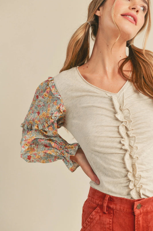 Contrast Floral Long Puff Sleeve Top