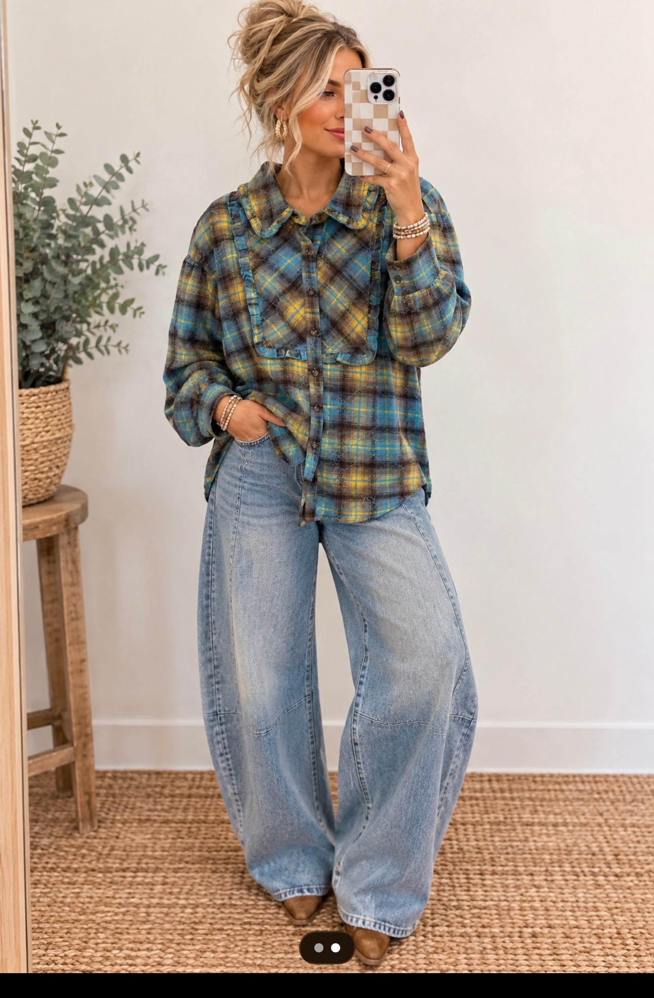 Easel Blue Plaid Button Down Flannel Top