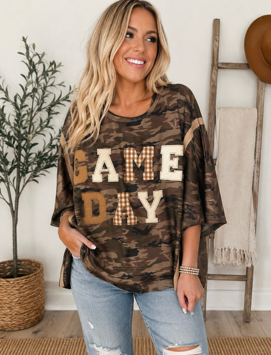 Camo Oatmeal Game Day Washed Camo Loose Fit Sweatshirt Top