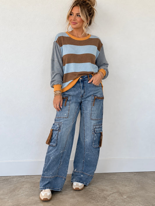 Easel Mocha Blue Long Sleeve Mix Mineral Wash Blouse