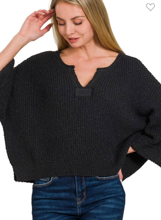 Z Split Neck Black 3/4 Length Sleeve Top