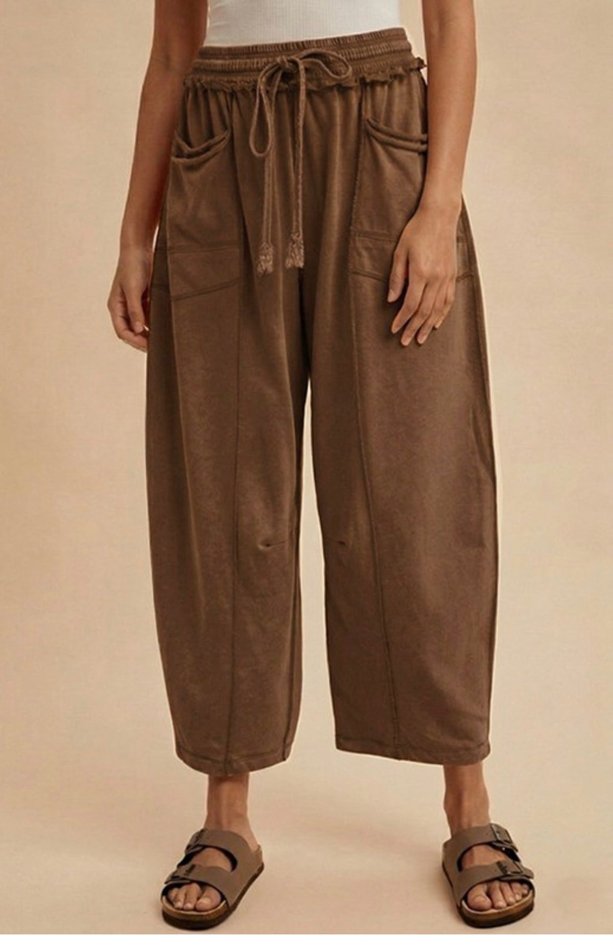 Anniewear  Chocolate Mineral Washed Barrel Fit Wide Leg Pants