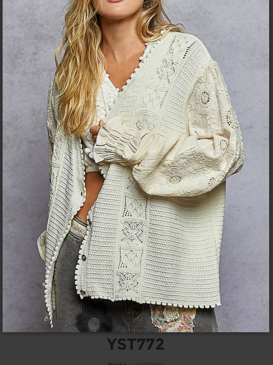 Powder Cream V Neck Balloon Sleeve Sweater