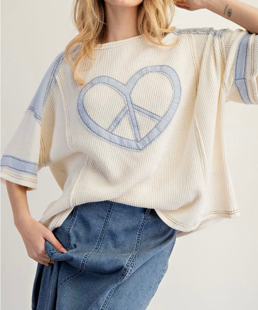 Cream And Blue Peace Heart Top