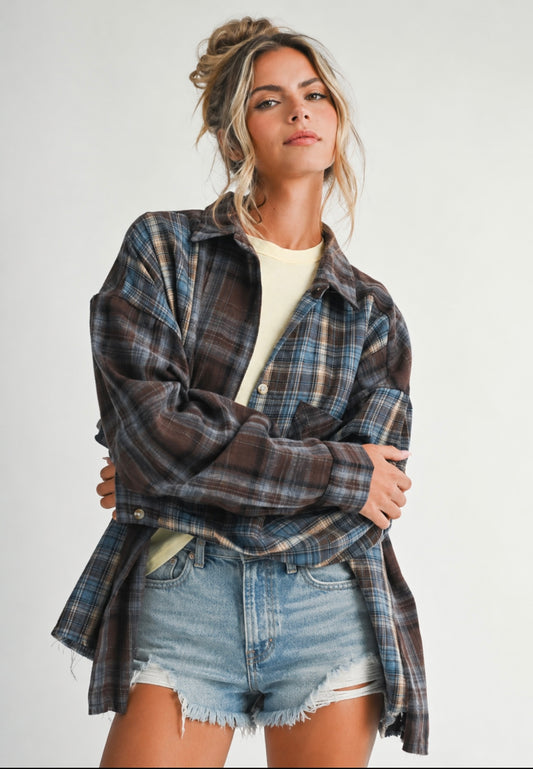 Chocolate Brown Plaid Flannel Top