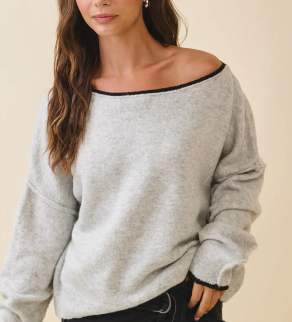 Grey Fuzzy Boat Neck Sweater