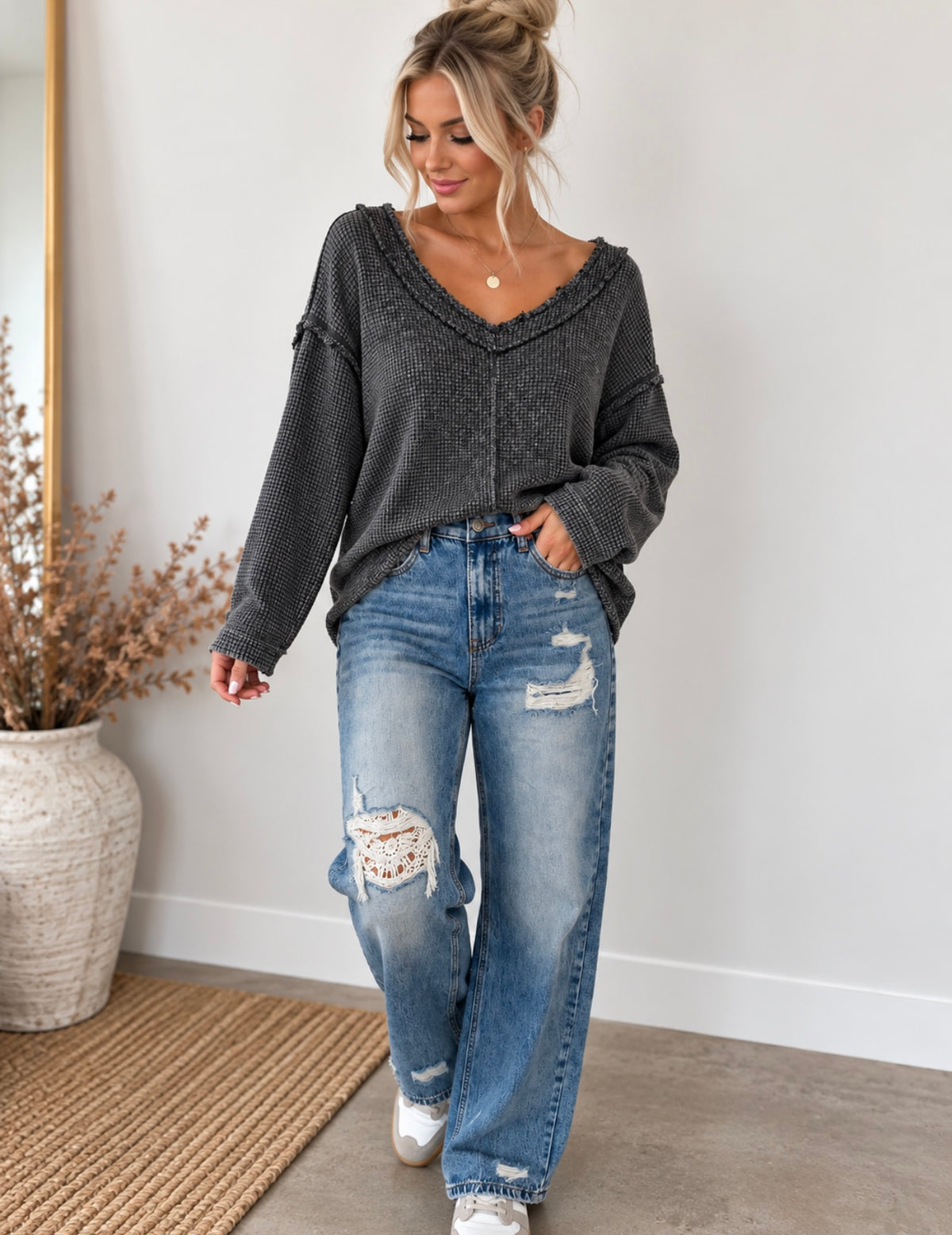 Vintage Thermal Micro-Check Waffle Knit Solid Top