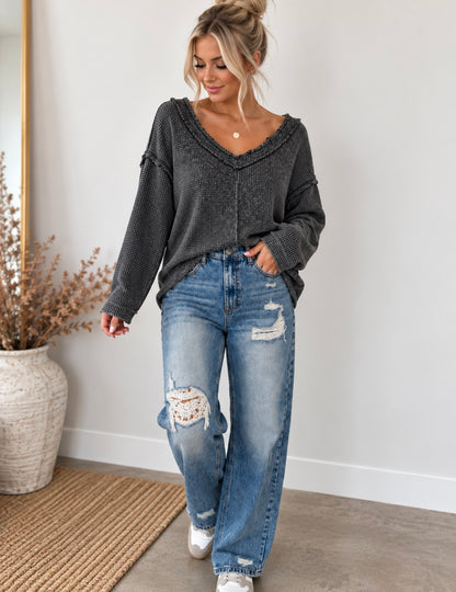 Vintage Thermal Micro-Check Waffle Knit Solid Top