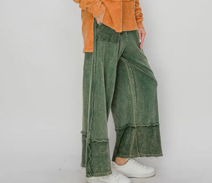 Olive Green Wide Leg Mineral Wash JHer Pants