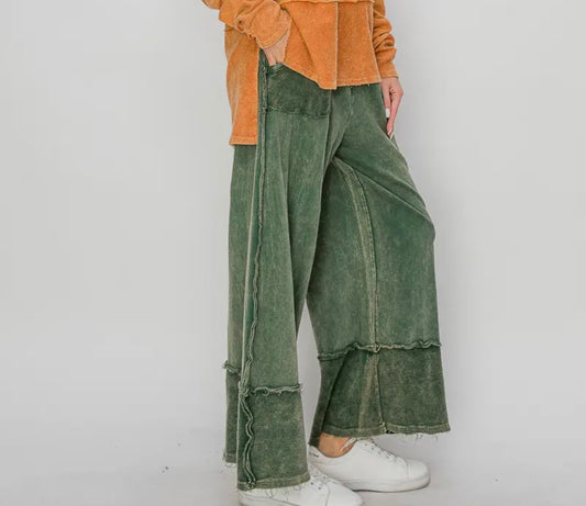 Olive Green Wide Leg Mineral Wash JHer Pants